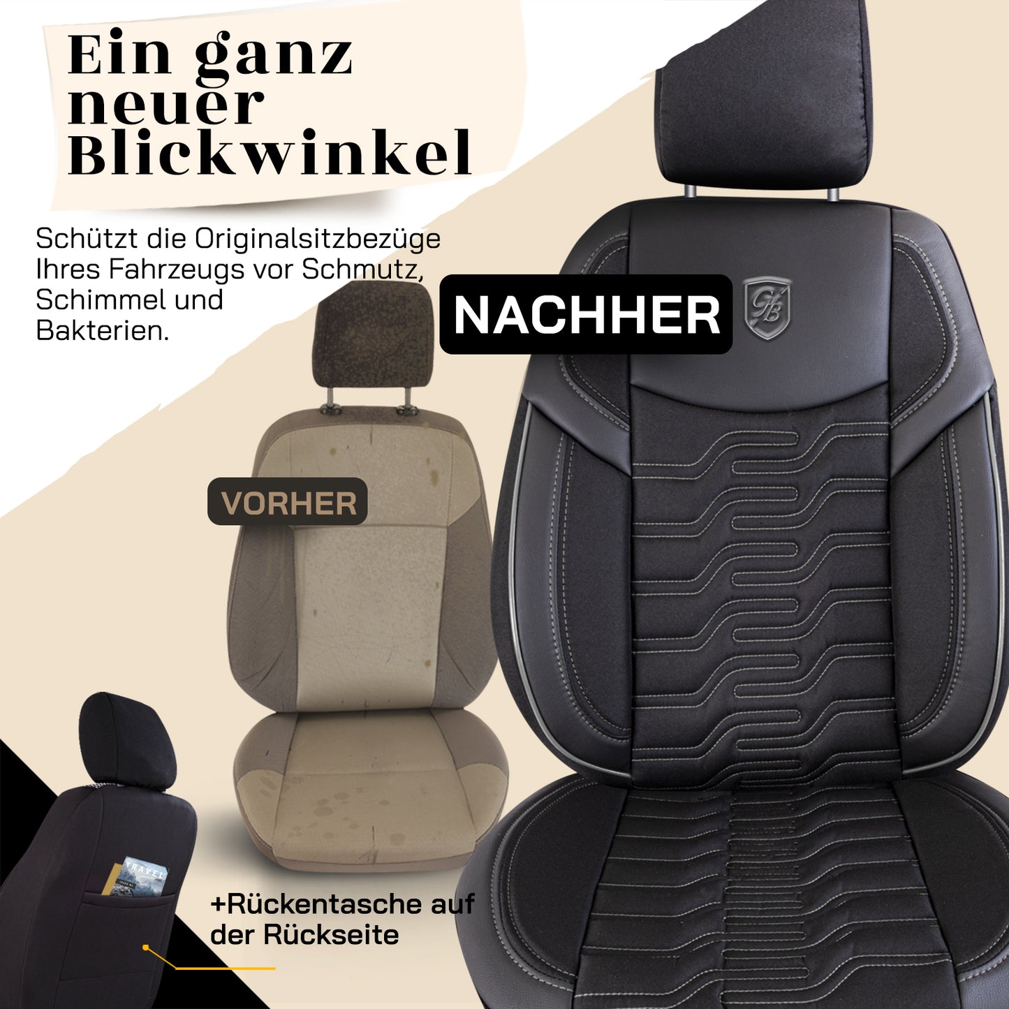 Premium Autositzbezug Berlin, Farbe Grau-Schwarz – passend für viele Fahrzeuge Vorher Nachher Rückentasche