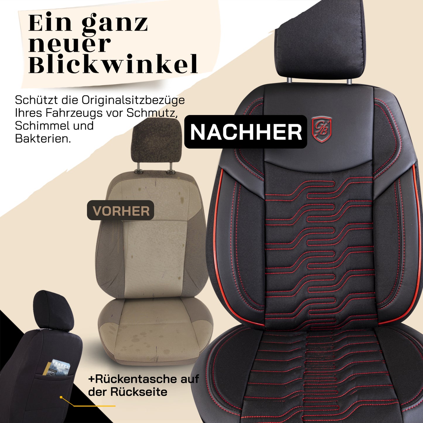 Premium Autositzbezug Berlin, Farbe Schwarz-Rot – passend für viele Fahrzeuge Vorher Nachher Rückentasche