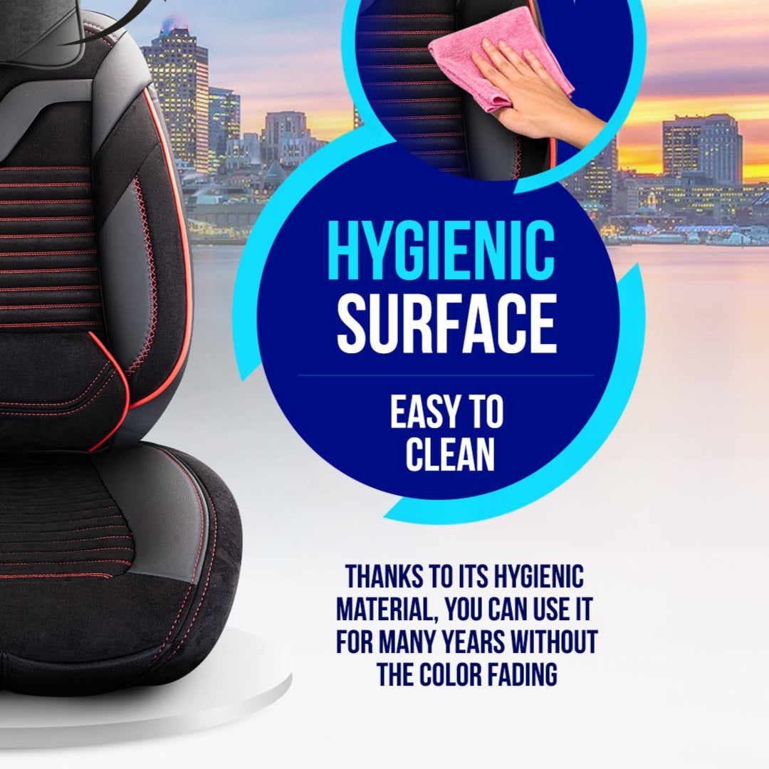 Premium Autositzbezug Boston, Farbe Alcantara-Schwarz-Rot – passend für viele Fahrzeuge Hygiene