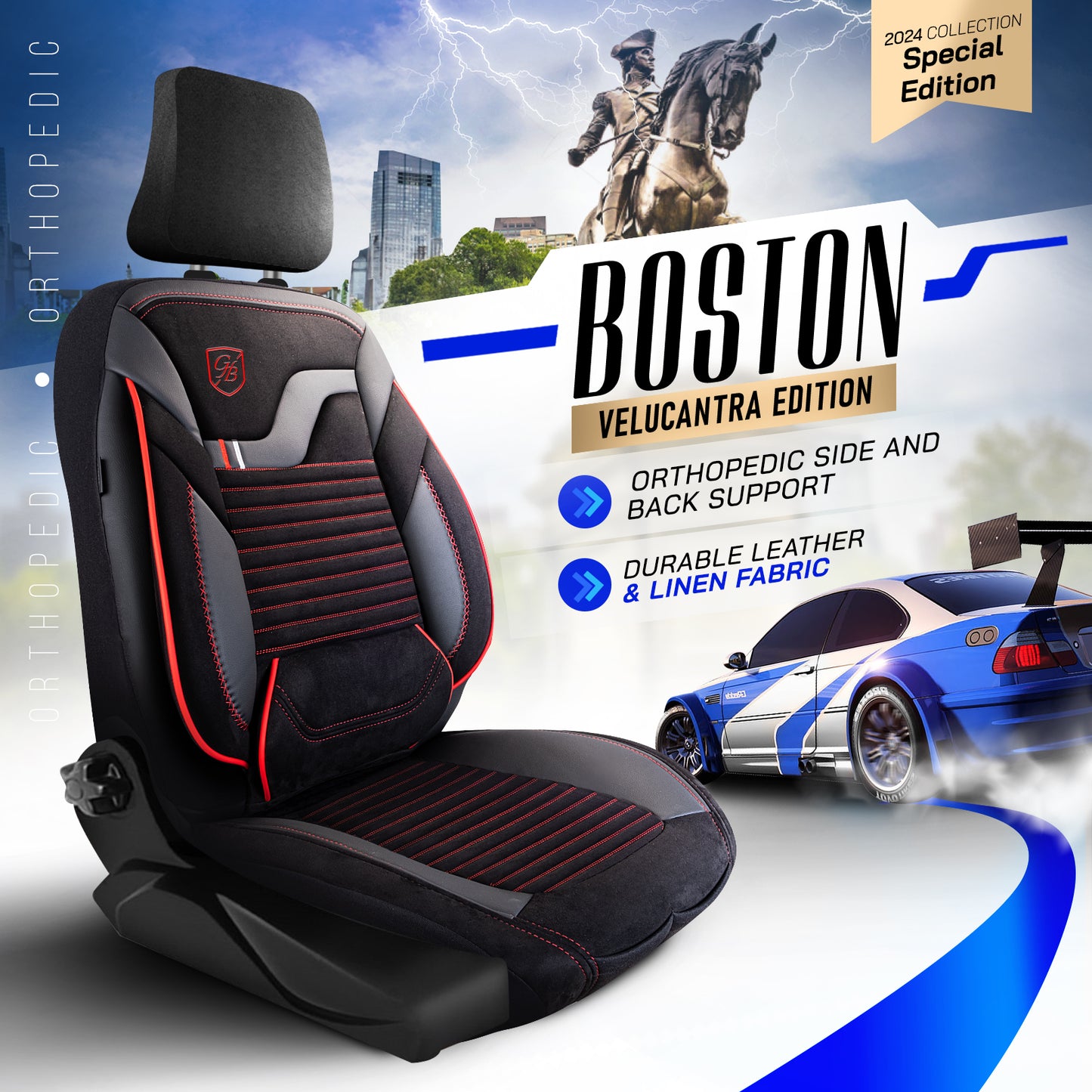 Premium Autositzbezug Boston, Farbe Alcantara-Schwarz-Rot – passend für viele Fahrzeuge Mode