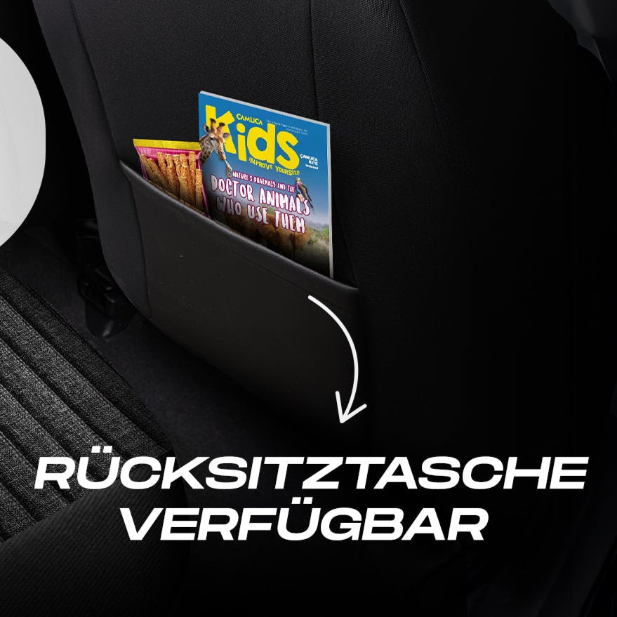 Premium Autositzbezug Enzo, Farbe Grau – passend für viele Fahrzeuge Rückentasche