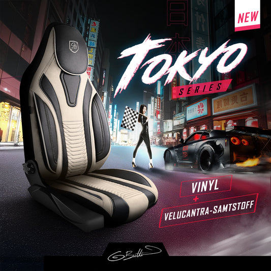 Premium Autositzbezug Giovanni Butti Tokyo Farbe Beige-Schwarz – passend für Ihr Fahrzeug Vordersitz Mode