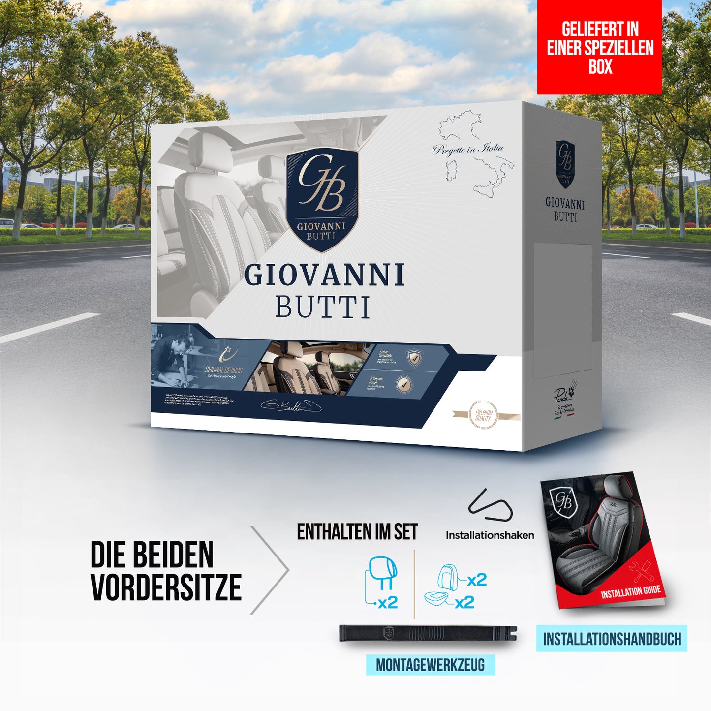 Autositzbezug Verpackung von der Premiummarke Giovanni Butti