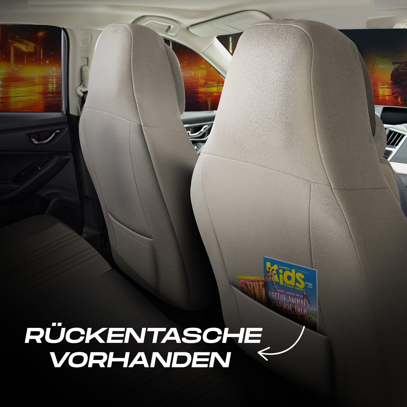 Premium Autositzbezug Hunter, Farbe Beige – passend für viele Fahrzeuge Rückentasche