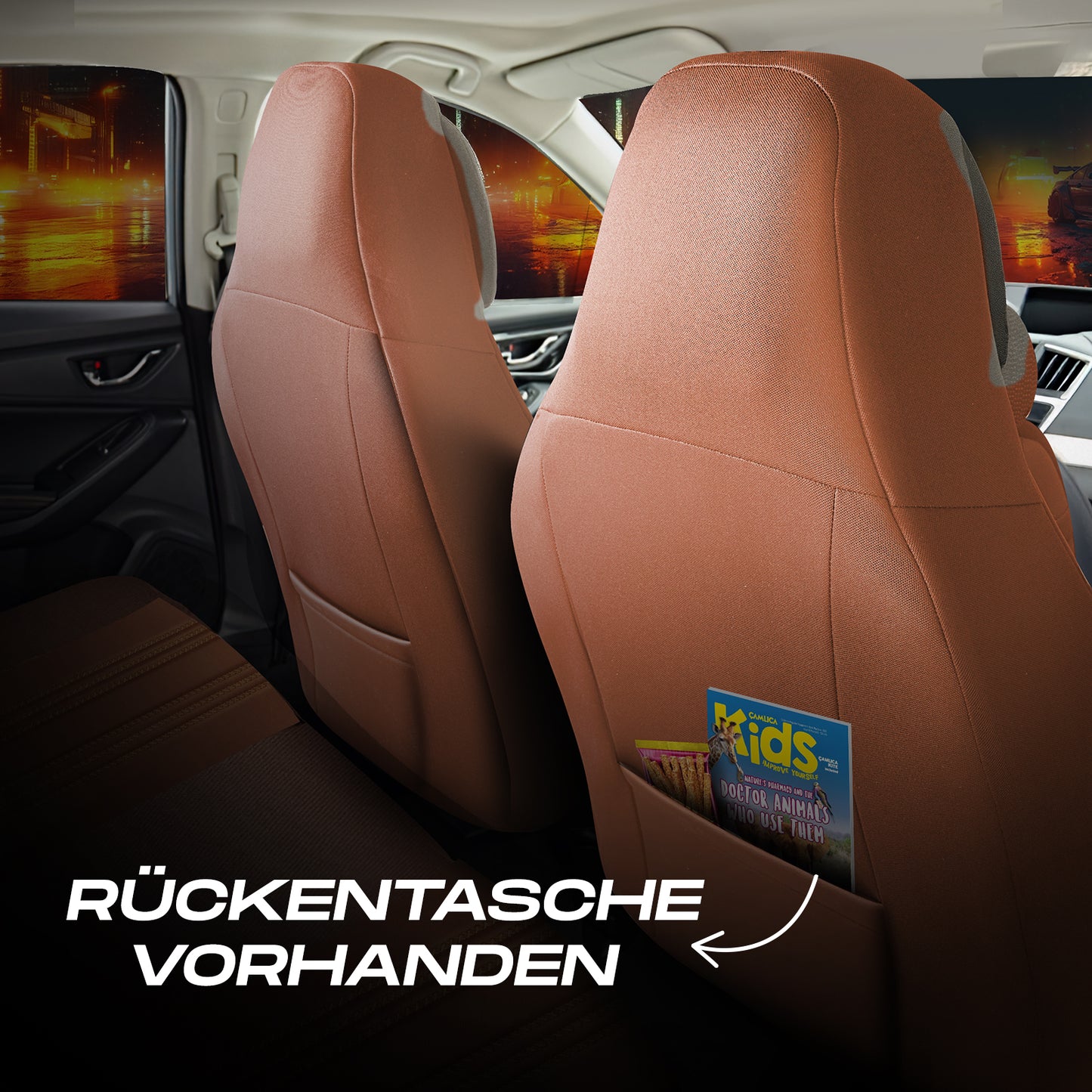 Premium Autositzbezug Hunter, Farbe Braun – passend für viele Fahrzeuge Rückentasche