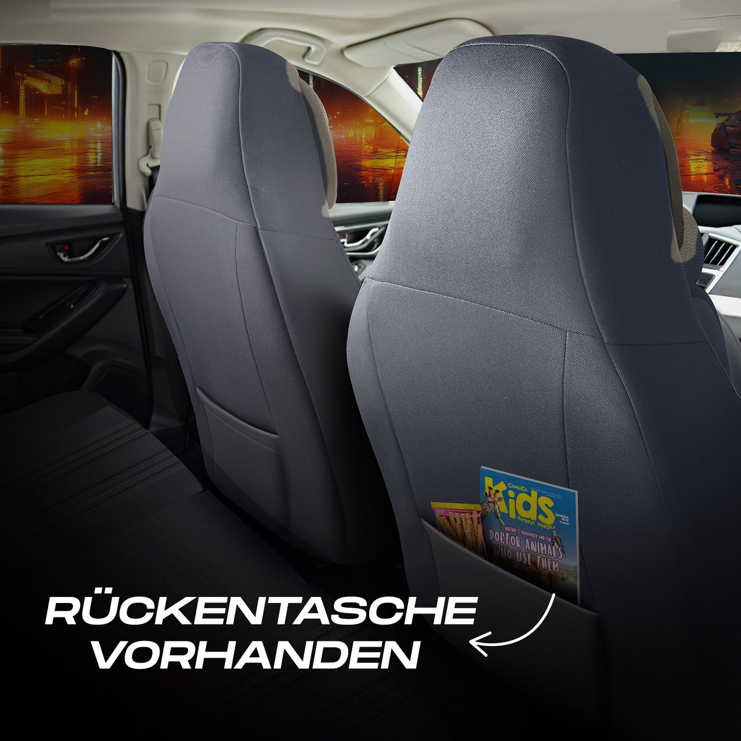 Premium Autositzbezug Hunter, Farbe Grau – passend für viele Fahrzeuge Rückentasche