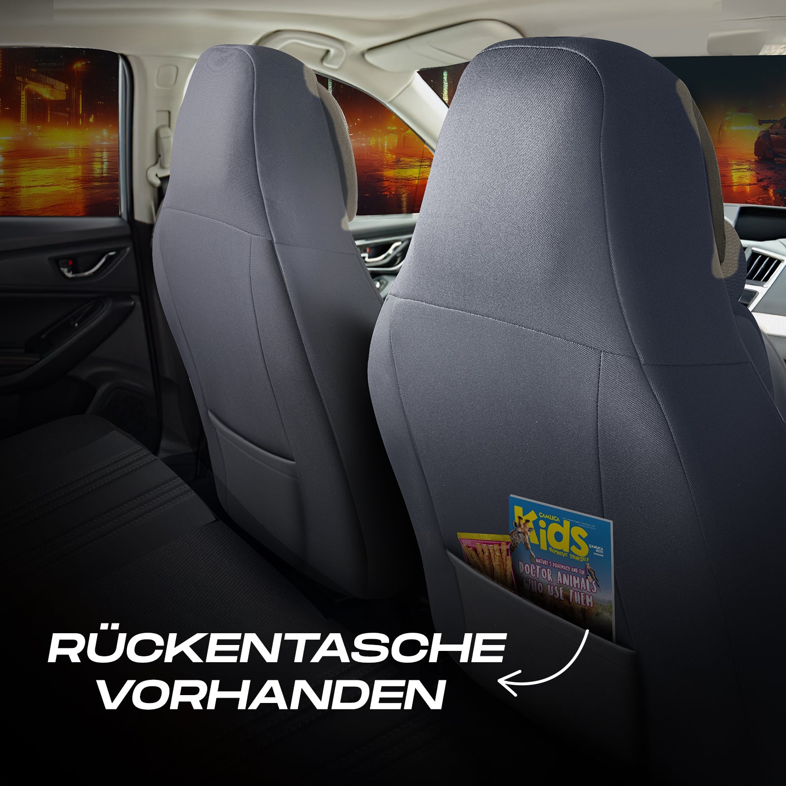 Premium Autositzbezug Hunter, Farbe Grau – passend für viele Fahrzeuge Rückentasche
