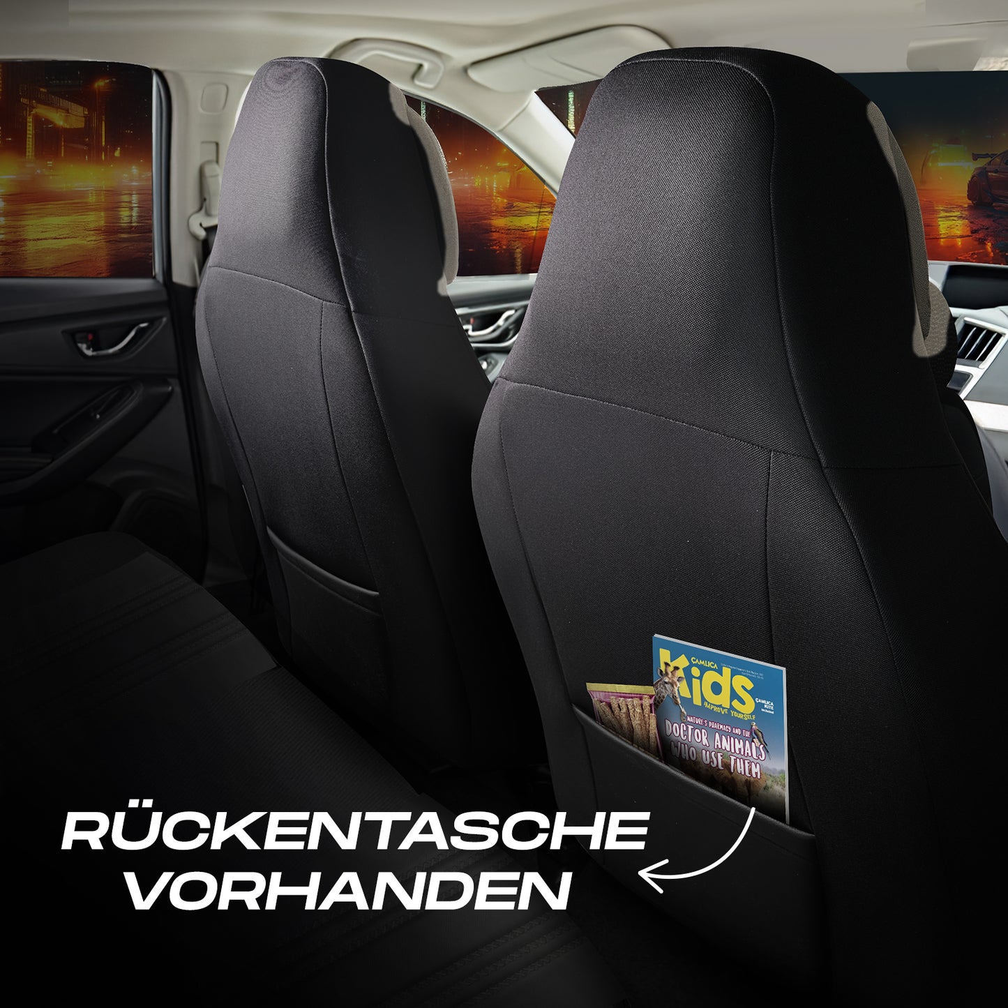 Premium Autositzbezug Hunter, Farbe Schwarz-Grau – passend für viele Fahrzeuge Rückentasche