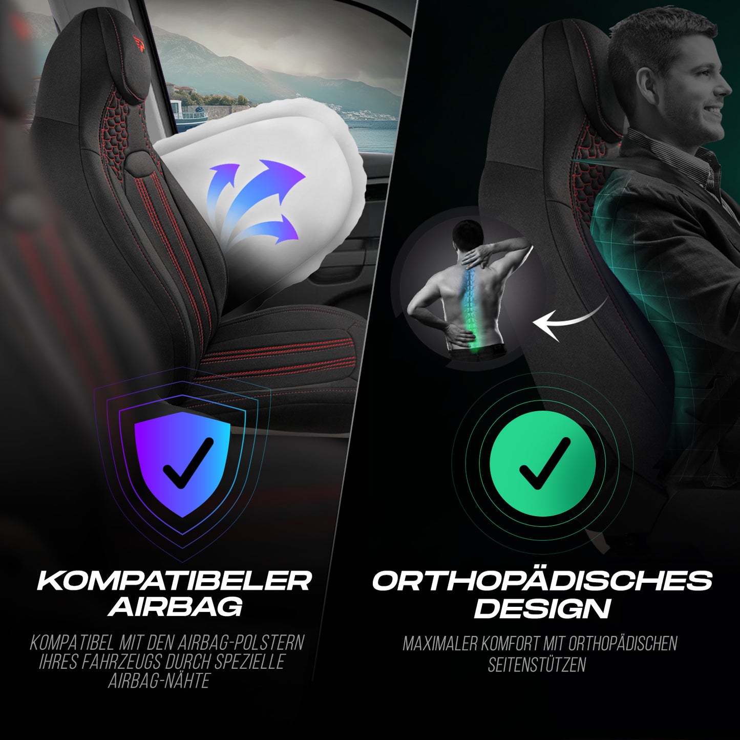 Premium Autositzbezug Hunter, Farbe Schwarz-Rot – passend für viele Fahrzeuge Vorteile