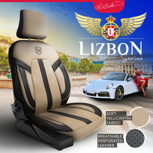 Lissabon Autositzbezug Alcantara Beige-Schwarz - 2x Premium Vordersitzbezüge