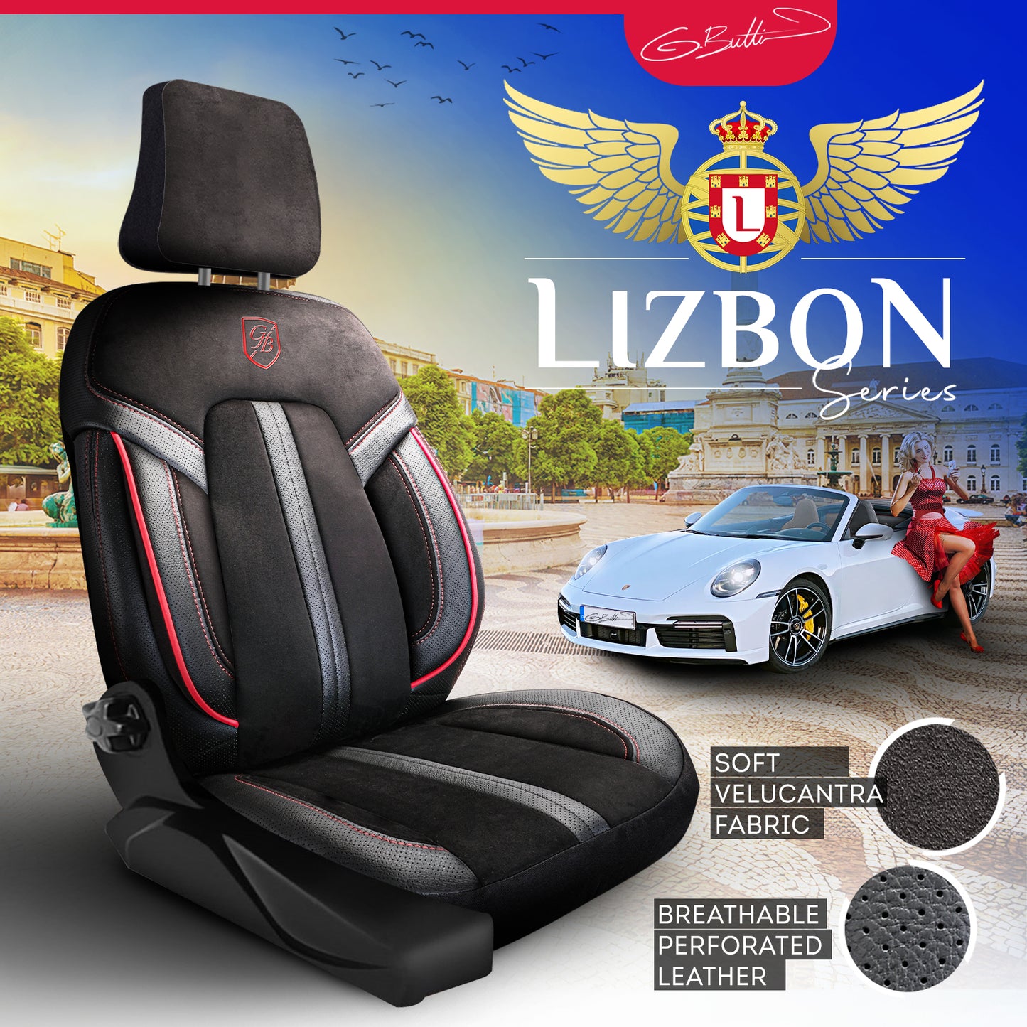 Premium Autositzbezug Lissabon, Farbe Alcantara Schwarz-Rot-Garni – passend für viele Fahrzeuge Mode