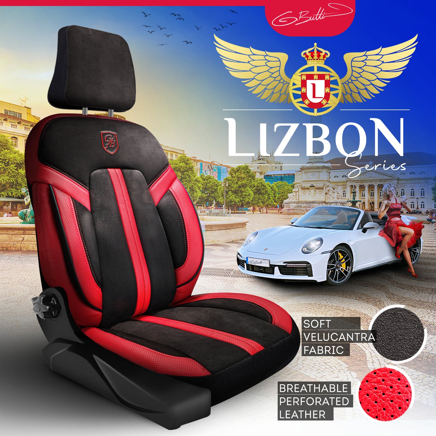 Premium Autositzbezug Lissabon, Farbe Alcantara Schwarz-Rot – passend für viele Fahrzeuge Vordersitze