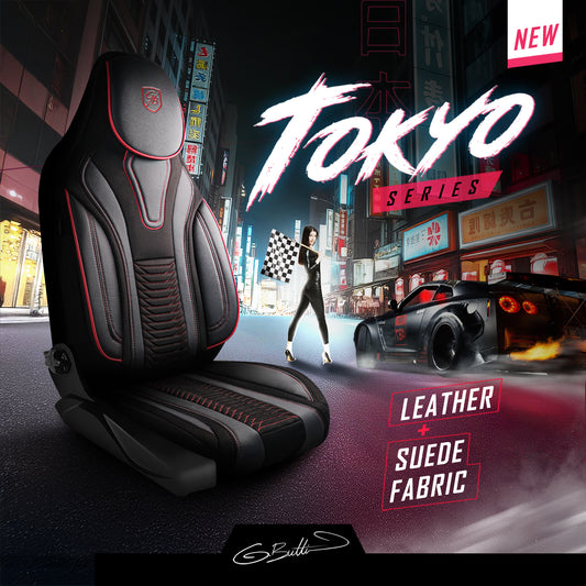 Tokyo Autositzbezug Schwarz-Rot - 2x Premium Pilotsitzbezüge vorne
