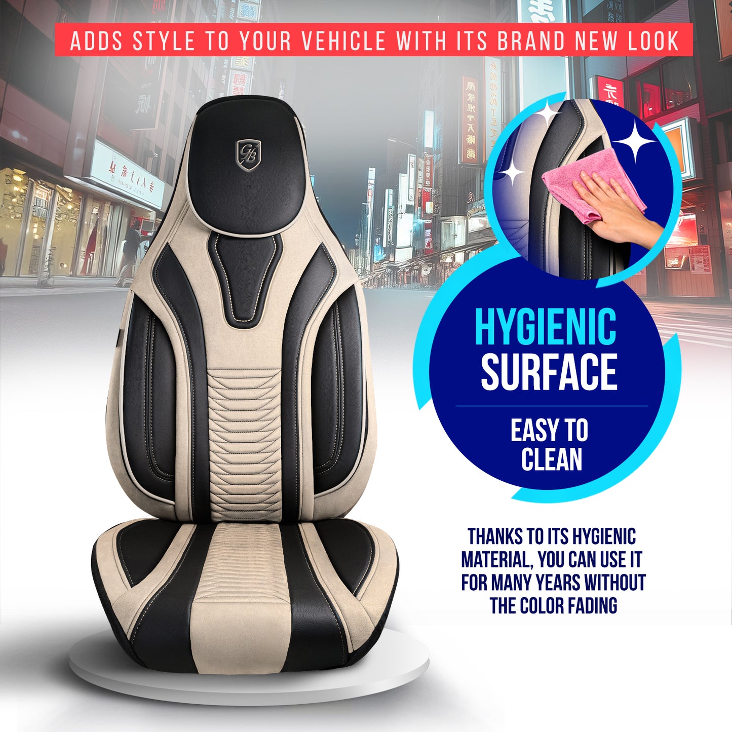 Premium Autositzbezug Tokyo, Farbe Beige-Schwarz – passend für viele Fahrzeuge Hygiene