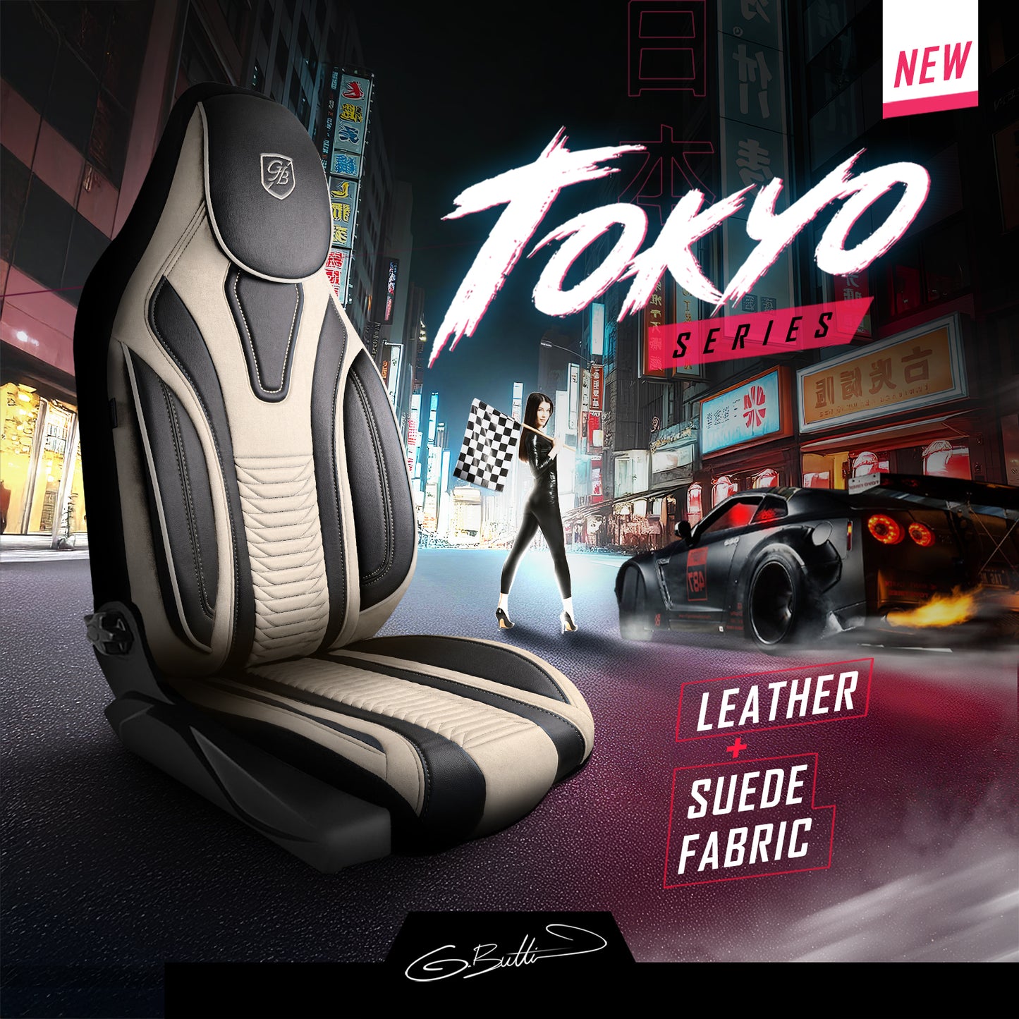 Premium Autositzbezug Tokyo, Farbe Beige-Schwarz – passend für viele Fahrzeuge Mode