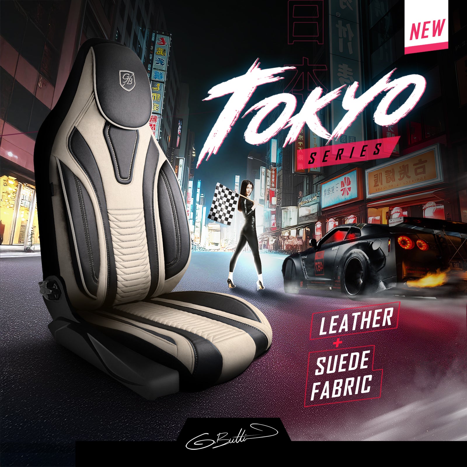 Premium Autositzbezug Tokyo, Farbe Beige-Schwarz – passend für viele Fahrzeuge Mode