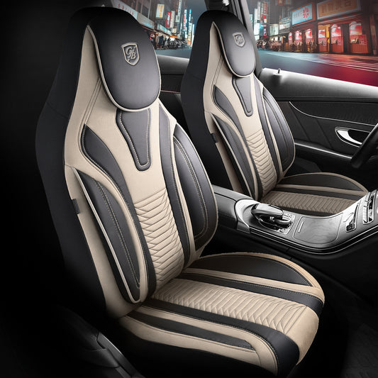 Premium Autositzbezug Tokyo, Farbe Beige-Schwarz – passend für viele Fahrzeuge Vordersitze