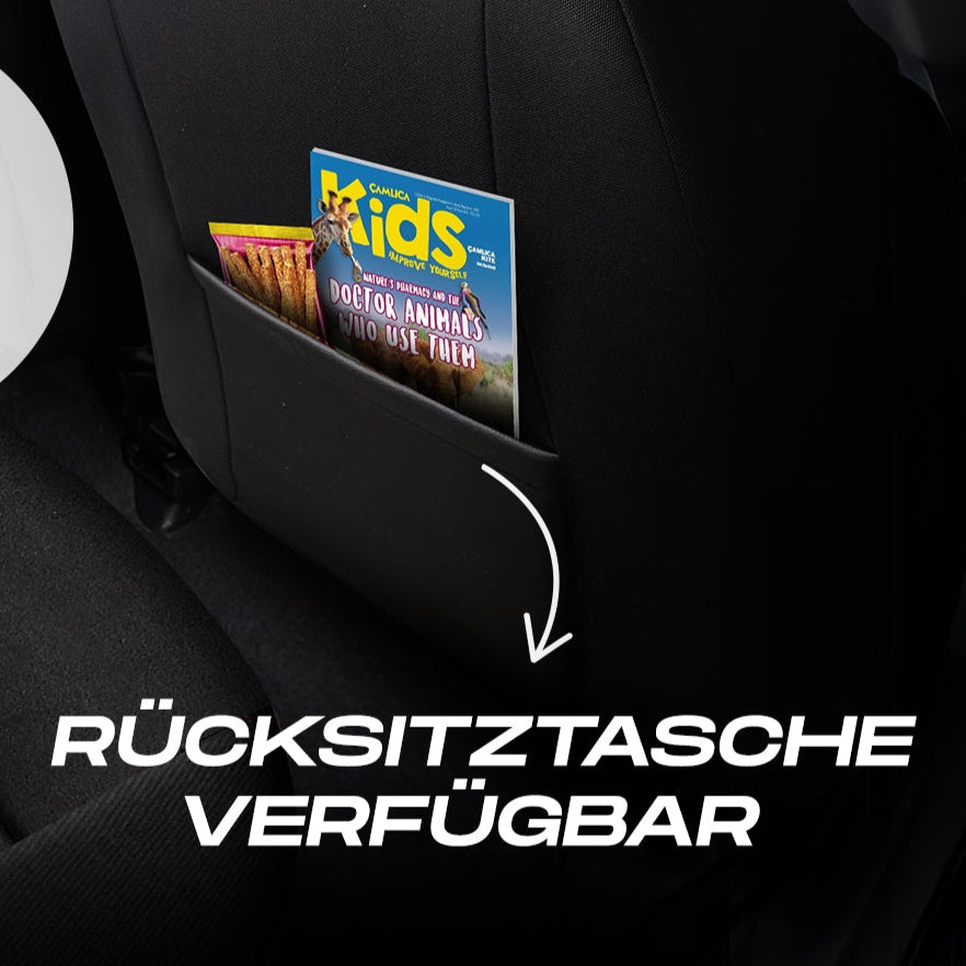 Premium Autositzbezug Tokyo, Farbe Grau-Schwarz – passend für viele Fahrzeuge Rückentasche