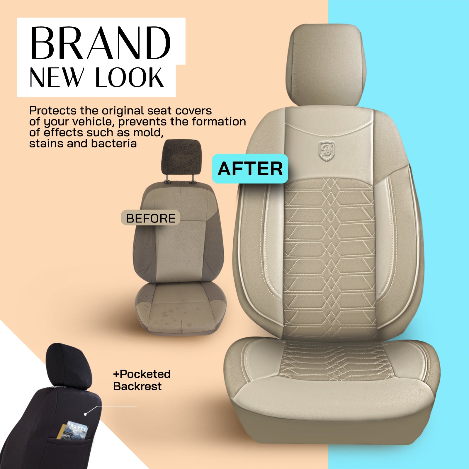 Premium Autositzbezug Venedig, Farbe Beige – passend für viele Fahrzeuge Vorher Nachher Rückentasche