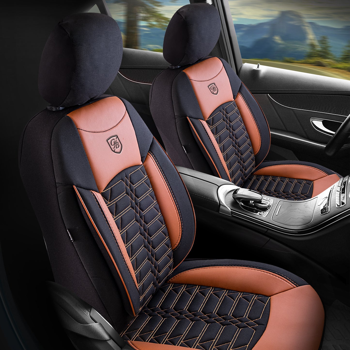 Premium Autositzbezug Venedig, Farbe Braun-Schwarz – passend für viele Fahrzeuge Vordersitz