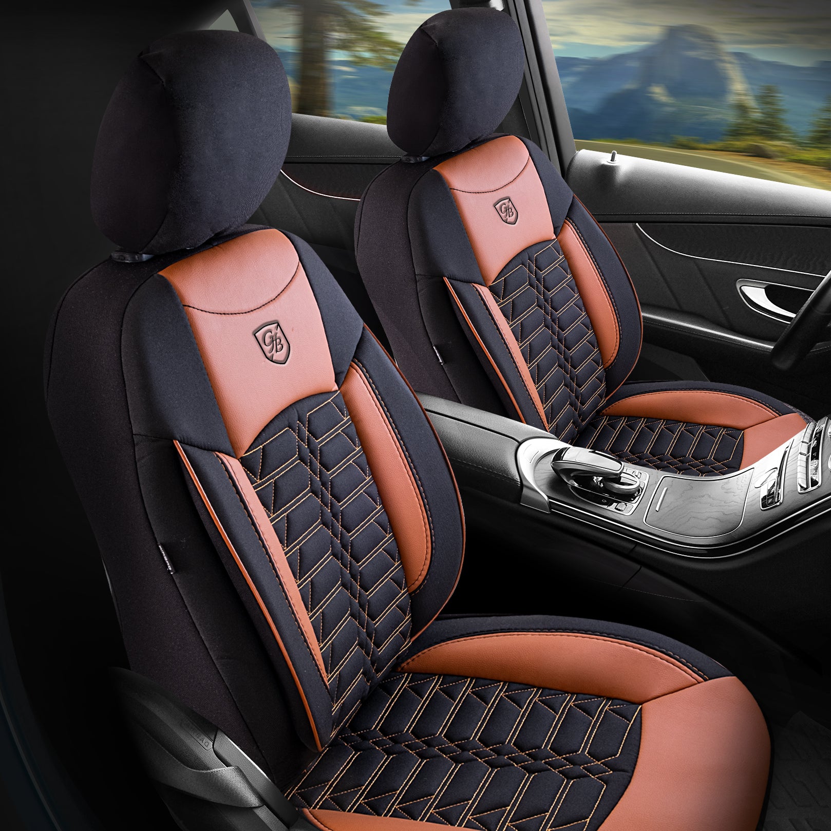 Premium Autositzbezug Venedig, Farbe Braun-Schwarz – passend für viele Fahrzeuge Vordersitz