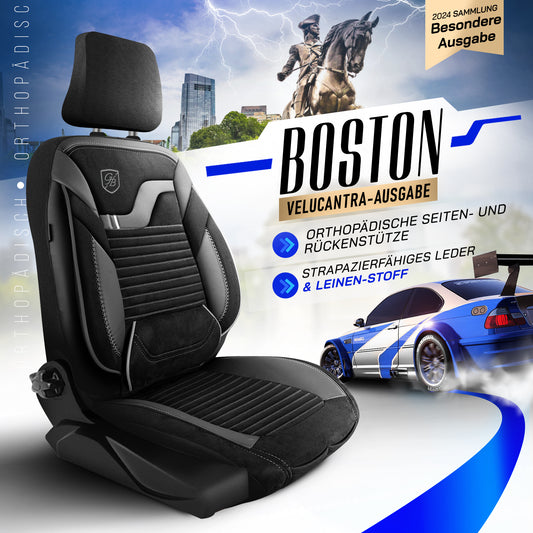Boston Autositzbezug Alcantara Schwarz-Grau - 2x Premium Vordersitzbezüge