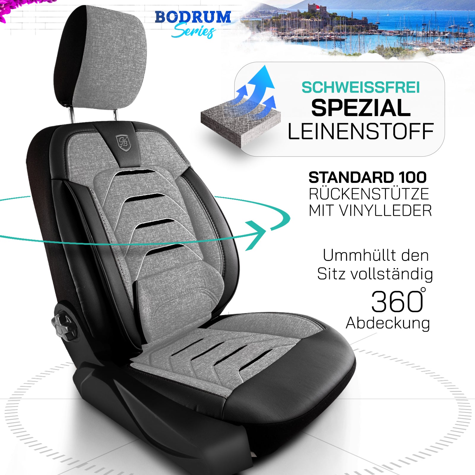 Premium Autositzbezug Bodrum, Farbe Grau-Schwarz – passend für viele Fahrzeuge Vorteile