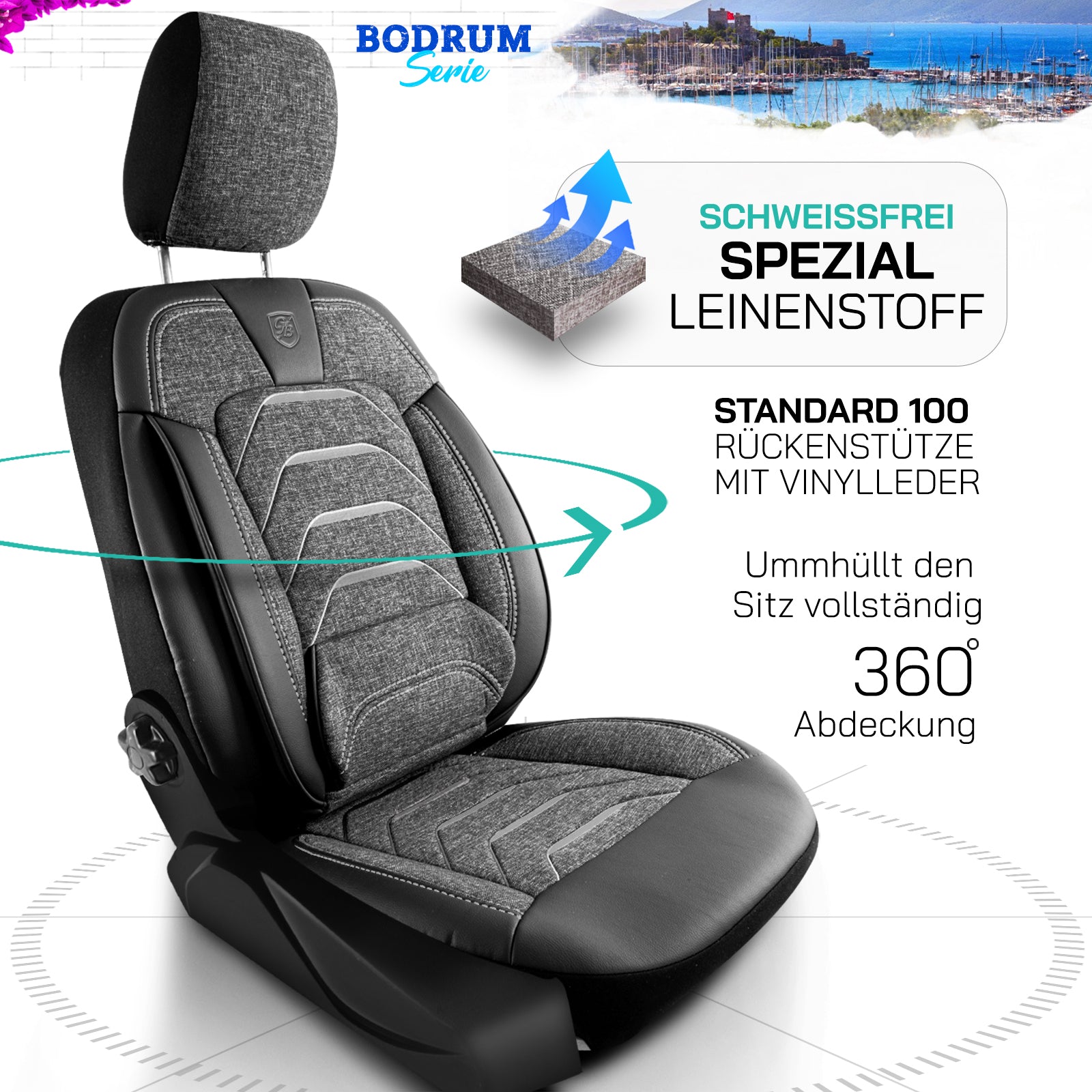 Premium Autositzbezug Bodrum, Farbe Grau – passend für viele Fahrzeuge Vorteil
