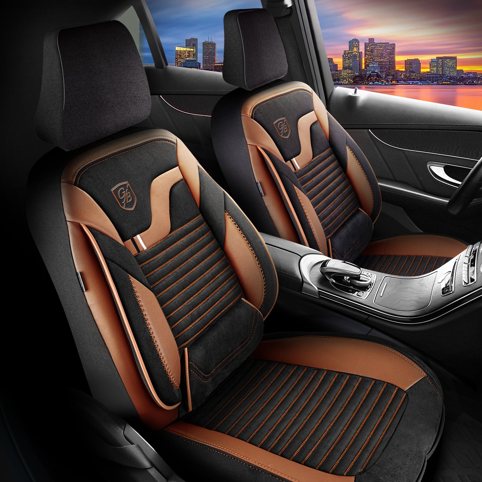 Premium Autositzbezug Boston, Farbe Alcantara-Schwarz-Braun – passend für viele Fahrzeuge Vordersitz