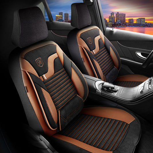 Premium Autositzbezug Boston, Farbe Alcantara-Schwarz-Braun – passend für viele Fahrzeuge Vordersitz