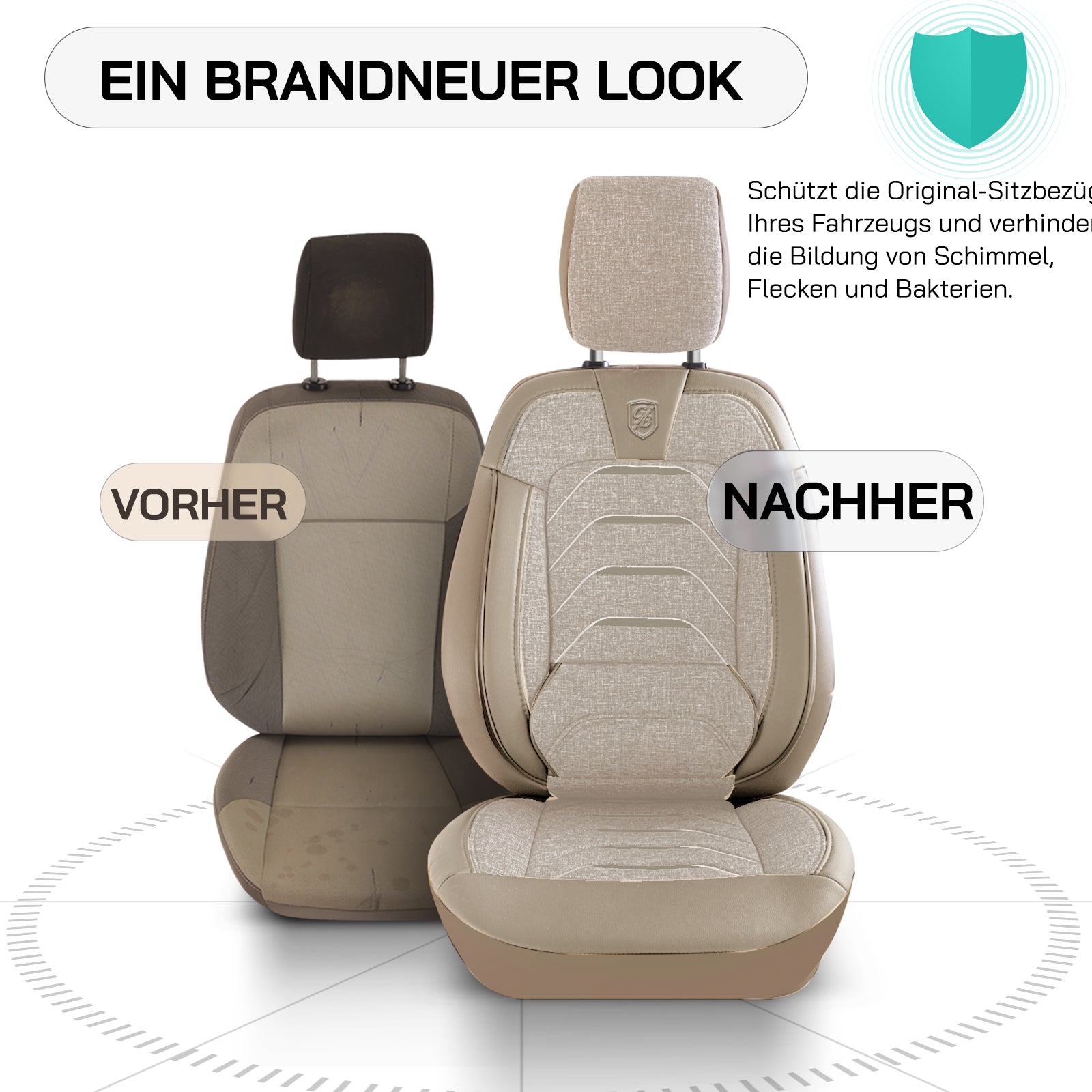 Premium Autositzbezug Giovanni Butti Bodrum, Farbe Beige – passend für viele Fahrzeuge Vordersitz Vorher-Nachher