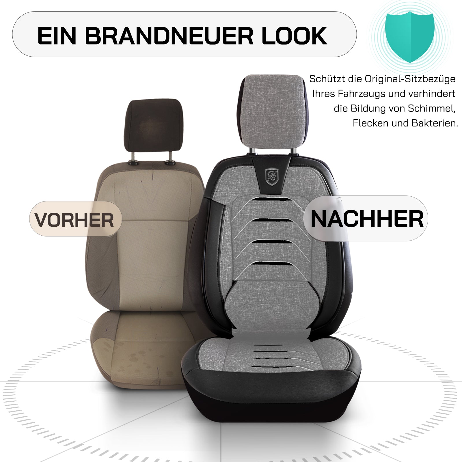 Premium Autositzbezug Giovanni Butti Bodrum, Farbe Grau-Schwarz – passend für viele Fahrzeuge Vordersitz Vorher-Nachher