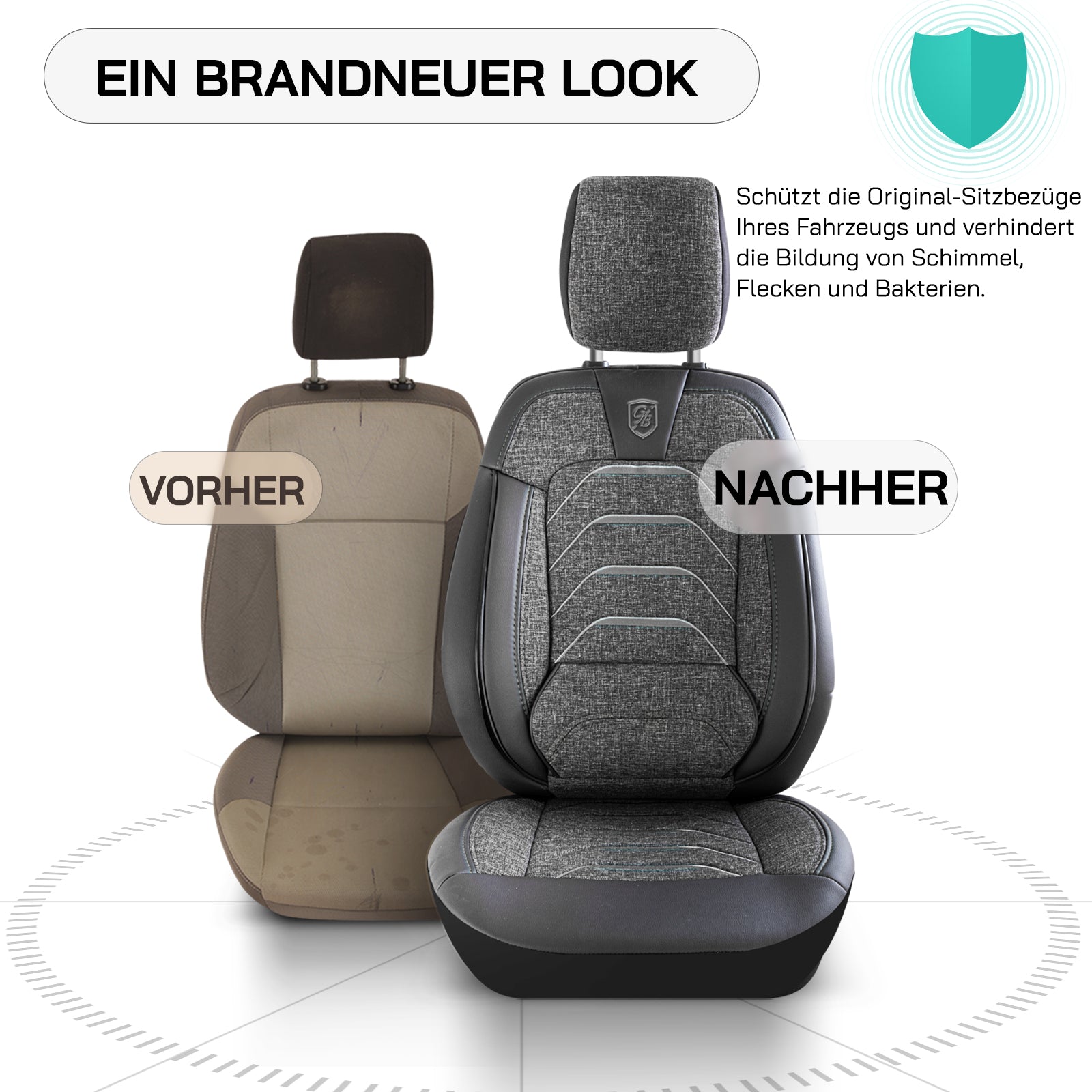 Premium Autositzbezug Giovanni Butti Bodrum, Farbe Rauchgrau-Grau – passend für viele Fahrzeuge Vordersitz Vorher-Nachher