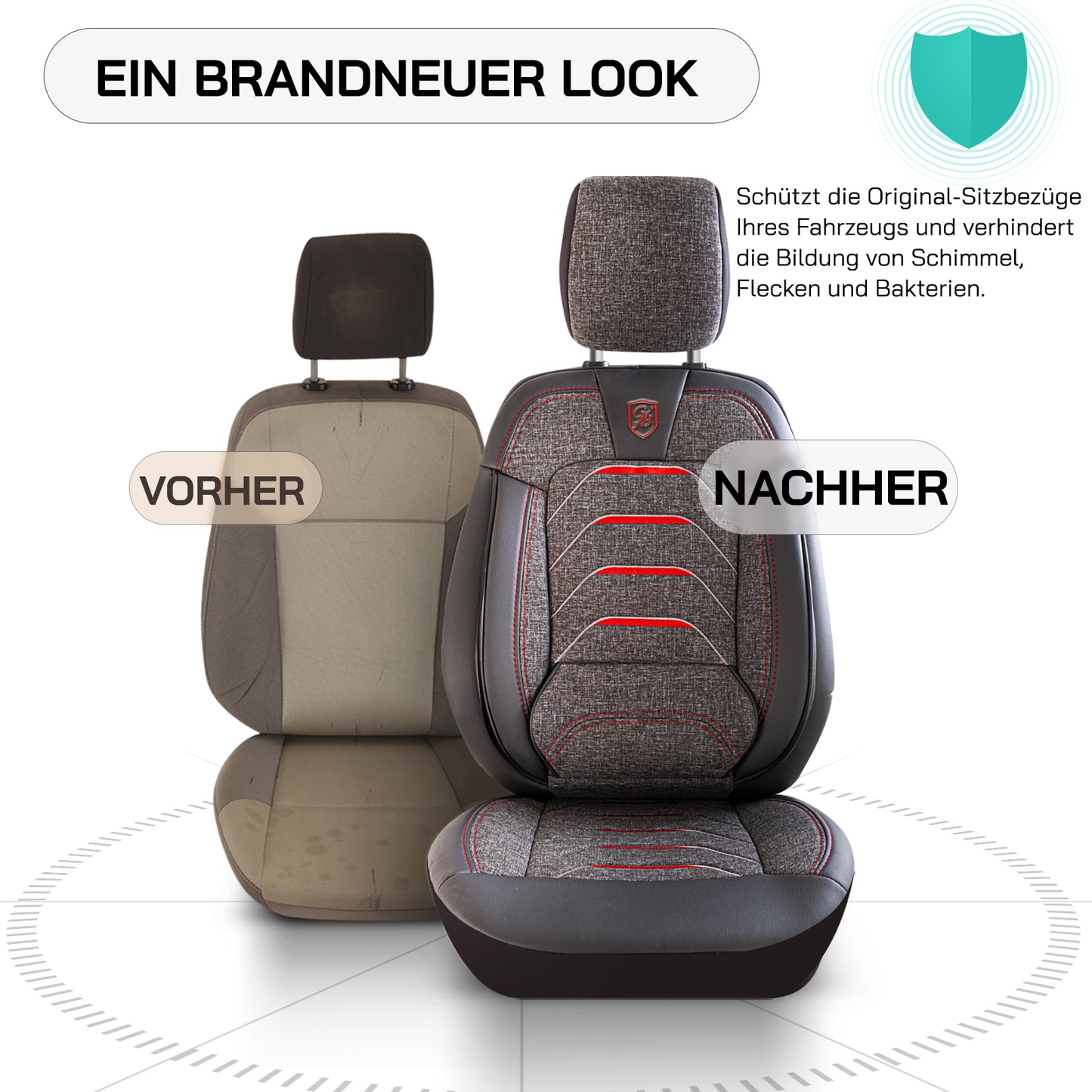 Premium Autositzbezug Giovanni Butti Bodrum, Farbe Rauchgrau-Rot – passend für viele Fahrzeuge Vordersitz Vorher-Nachher