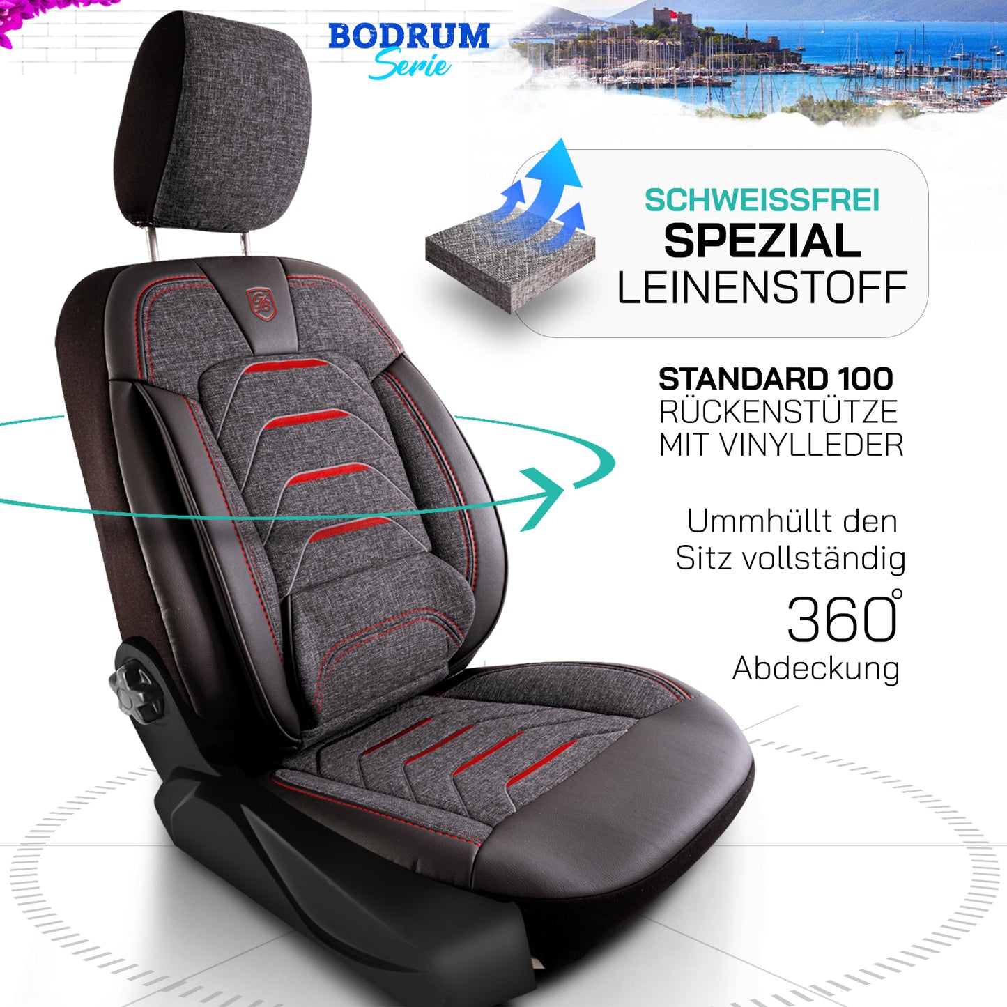 Premium Autositzbezug Giovanni Butti Bodrum, Farbe Rauchgrau-Rot – passend für Ihr Fahrzeug Premiumschicht