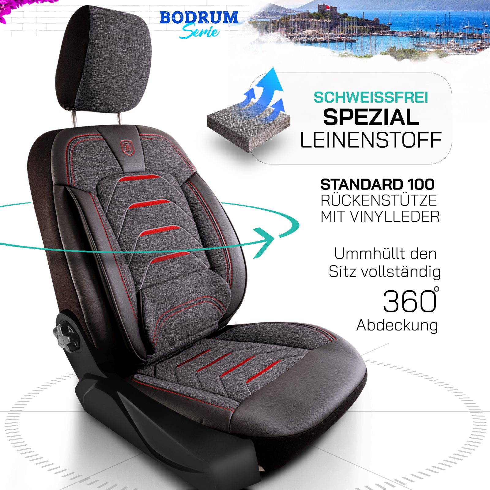 Premium Autositzbezug Giovanni Butti Bodrum, Farbe Rauchgrau-Rot – passend für Ihr Fahrzeug Premiumschicht