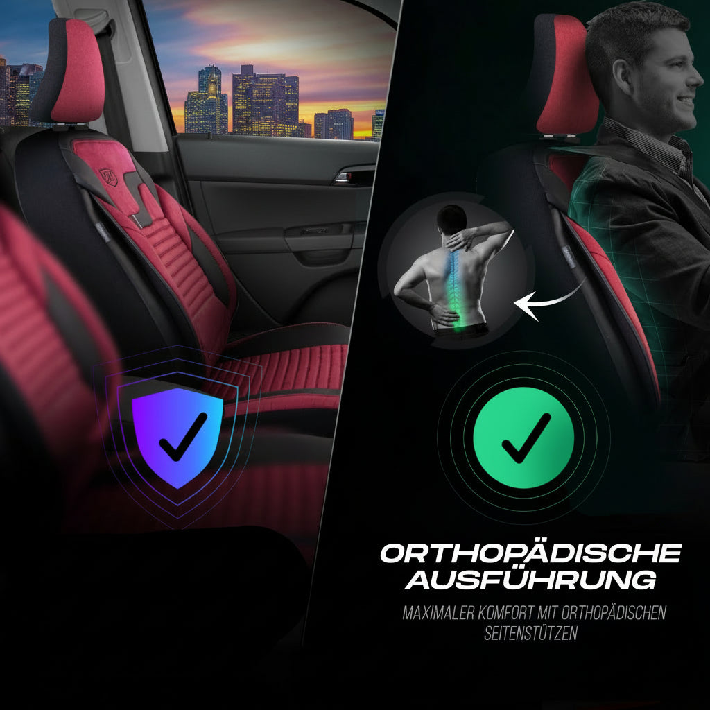 Premium Autositzbezug Giovanni Butti Boston, Farbe Alcantara-Rot-Schwarz – passend für Ihr Fahrzeug Vordersitz Airbag Kompatibel