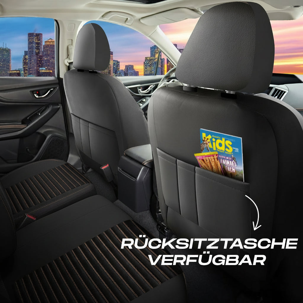 Premium Autositzbezug Giovanni Butti Boston, Farbe Alcantara-Schwarz-Braun – passend für viele Fahrzeuge Vordersitz Rueckentasche