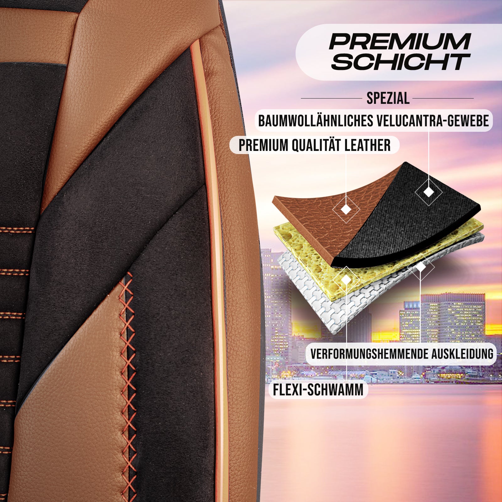 Premium Autositzbezug Giovanni Butti Boston, Farbe Alcantara-Schwarz-Braun – passend für Ihr Fahrzeug Premiumschicht