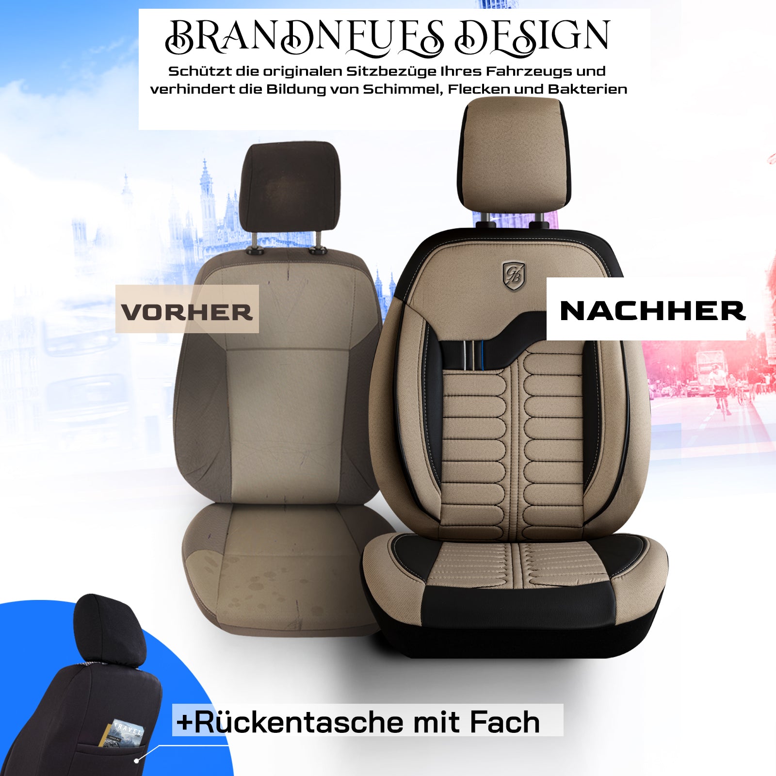 Premium Autositzbezug Giovanni Butti London Farbe Beige-Schwarz – passend für Ihr Fahrzeug Vordersitz Vorher Nachher