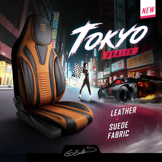 Premium Autositzbezug Giovanni Butti Tokyo Farbe Hellbraun-Schwarz – passend für Ihr Fahrzeug Vordersitz Mode