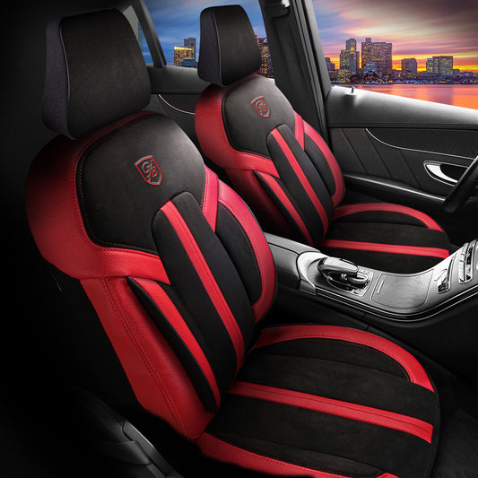 Lissabon Autositzbezug Alcantara Schwarz-Rot Garni - 2x Premium Vordersitzbezüge