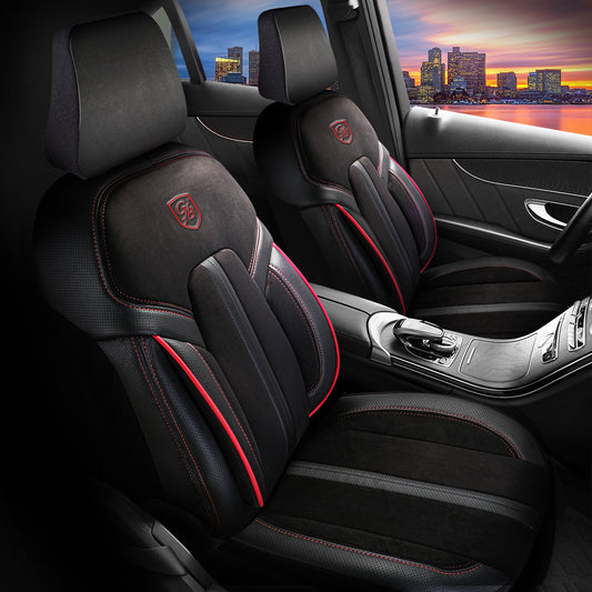 Lissabon Autositzbezug Alcantara Schwarz-Rot- 2x Premium Vordersitzbezüge