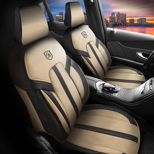 Premium Autositzbezug Lissabon, Farbe Alcantara Beige-Schwarz – passend für viele Fahrzeuge Vordersitze