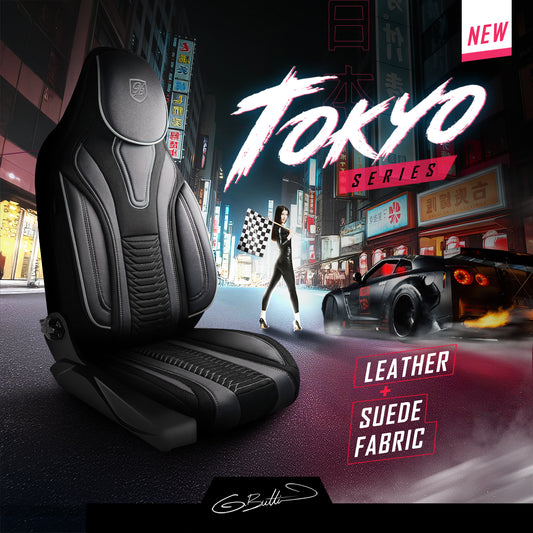Tokyo Autositzbezug Schwarz-Grau - 2x Premium Pilotsitzbezüge vorne