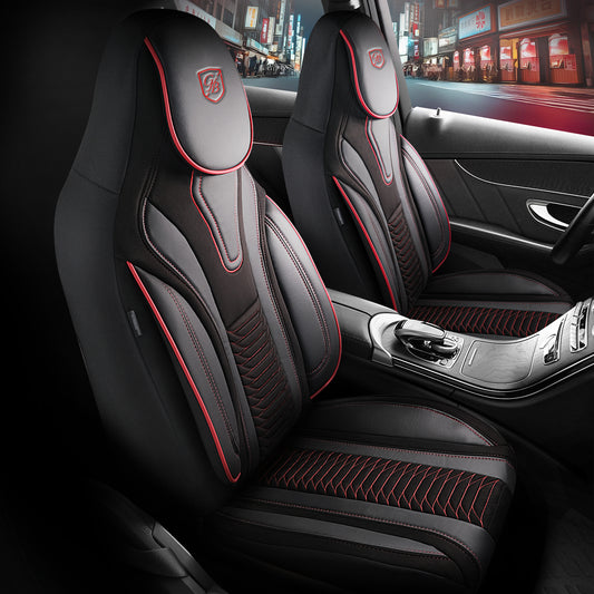 Tokyo Autositzbezug Schwarz-Rot - 2x Premium Pilotsitzbezüge vorne