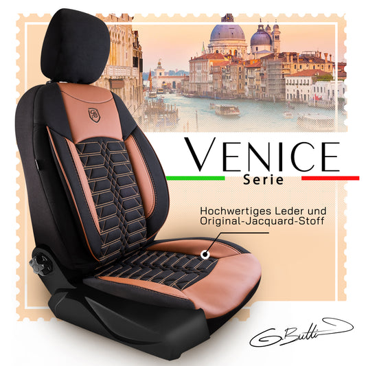 Venedig Autositzbezug Hellbraun-Schwarz - 2x Premium Vordersitzbezüge