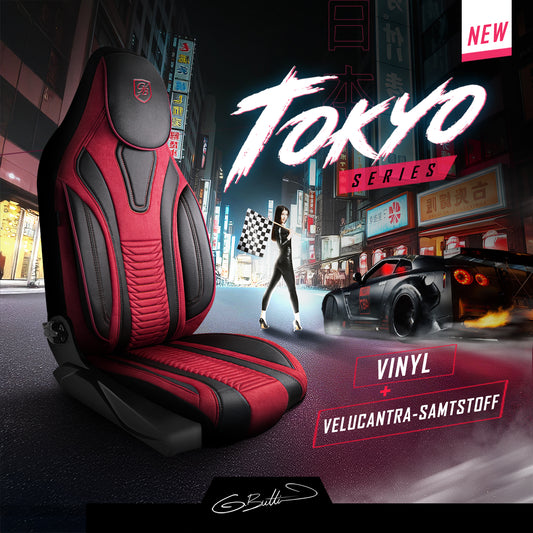 Tokyo Autositzbezug Rot-Schwarz - 2x Premium Pilotsitzbezüge vorne